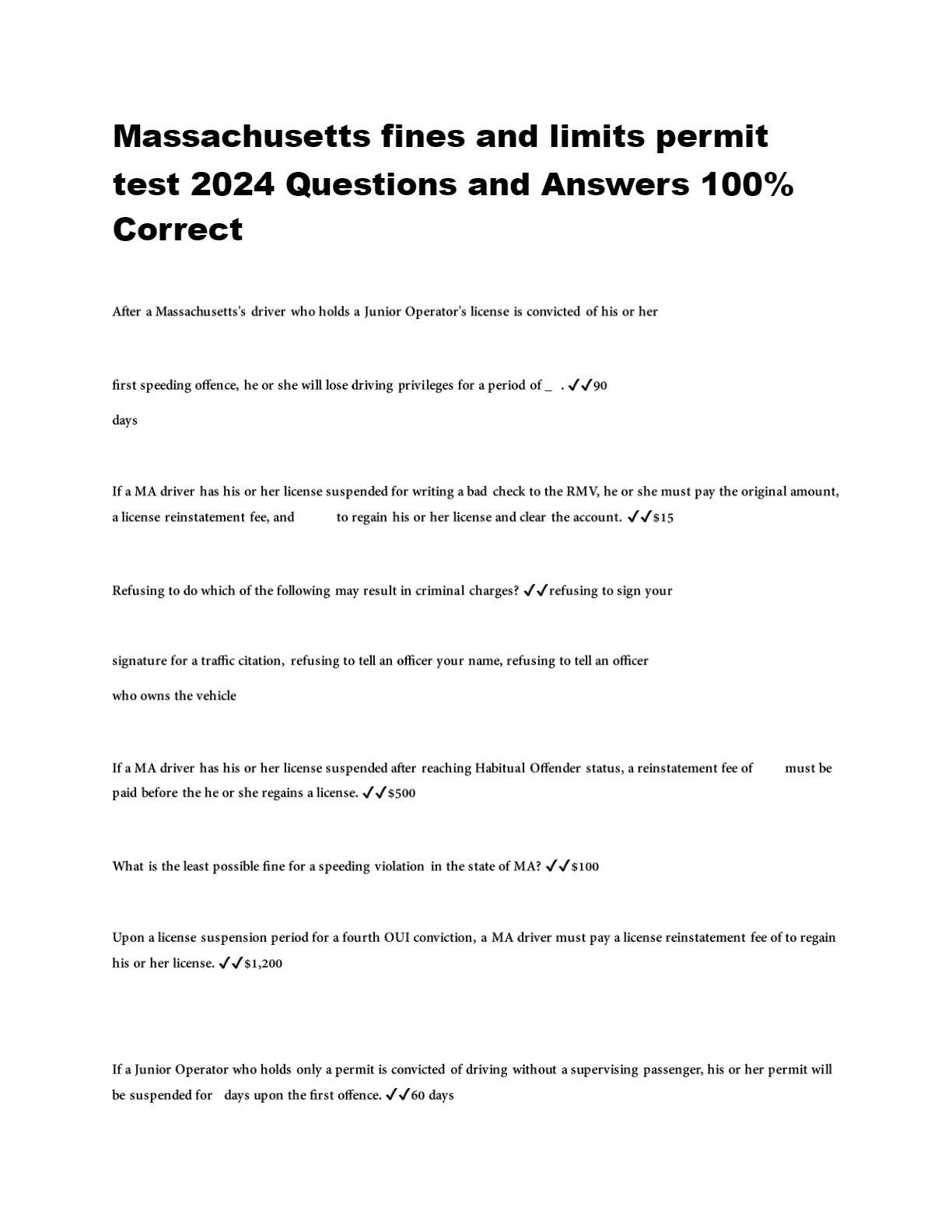 Massachusetts fines and limits permit test 2024 Questions and