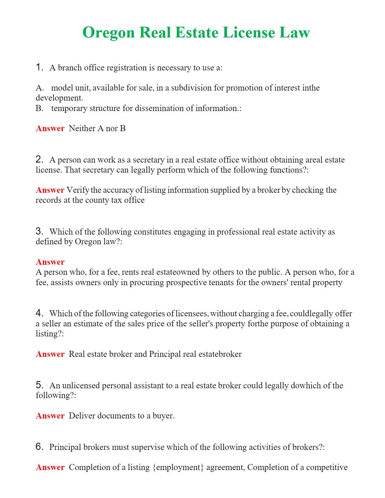 Oregon Real Estate License Law (Latest 2024) Questions With Complete