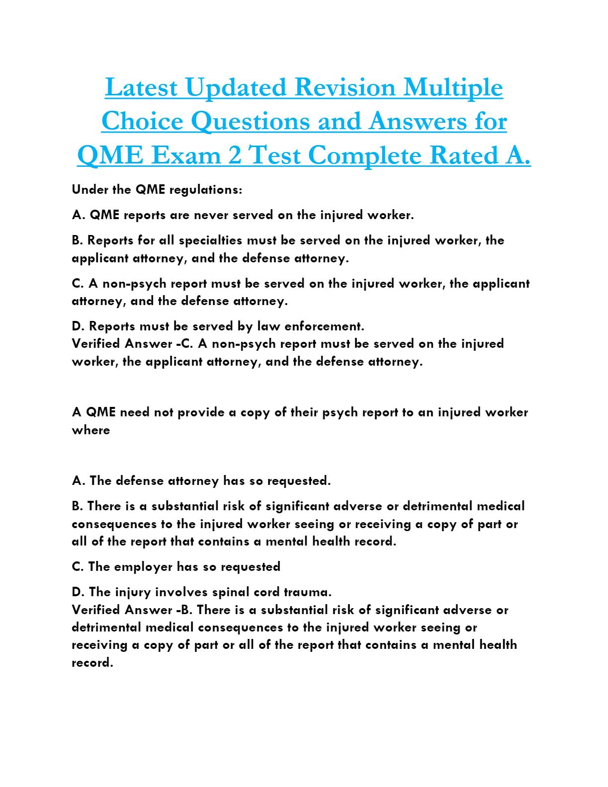 Latest Updated Revision Multiple Choice Questions and Answers for QME