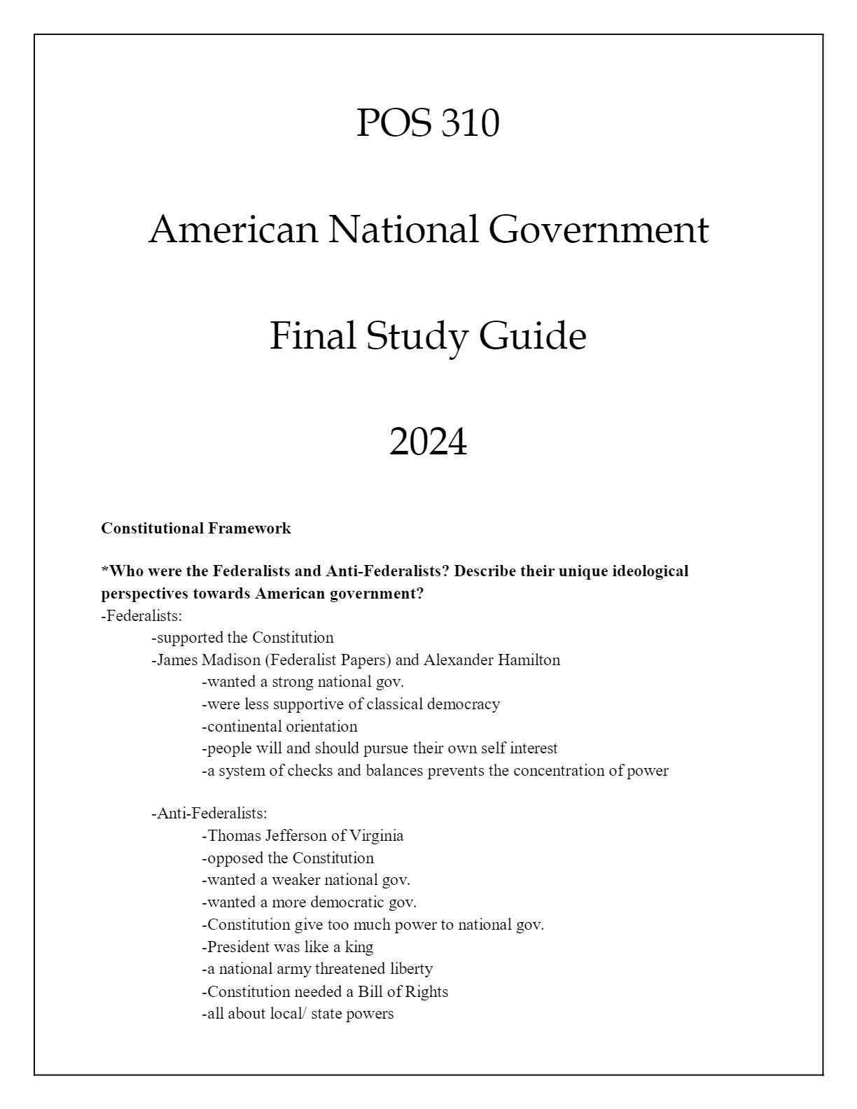 (ASU) POS 310 American National Government Final Exam Guide Q & S 2024 ...