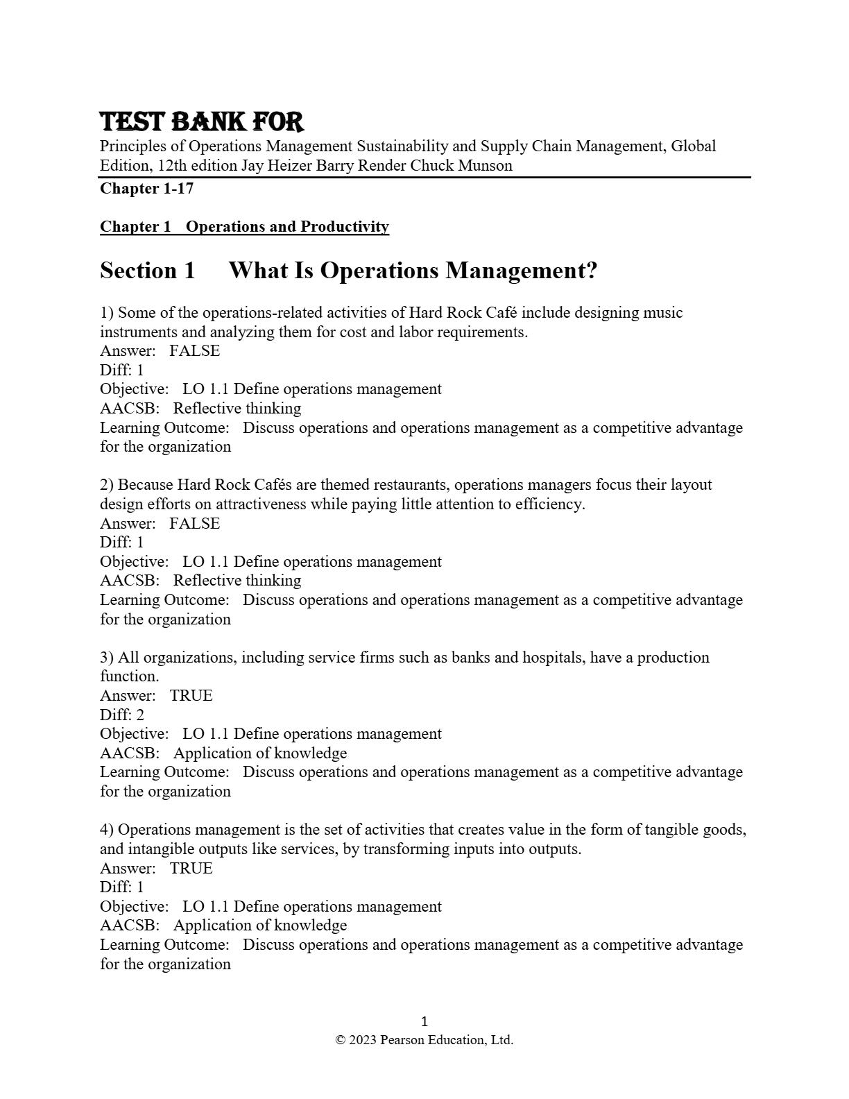 Test Bank for Principles of Operations Management Sustainability and ...