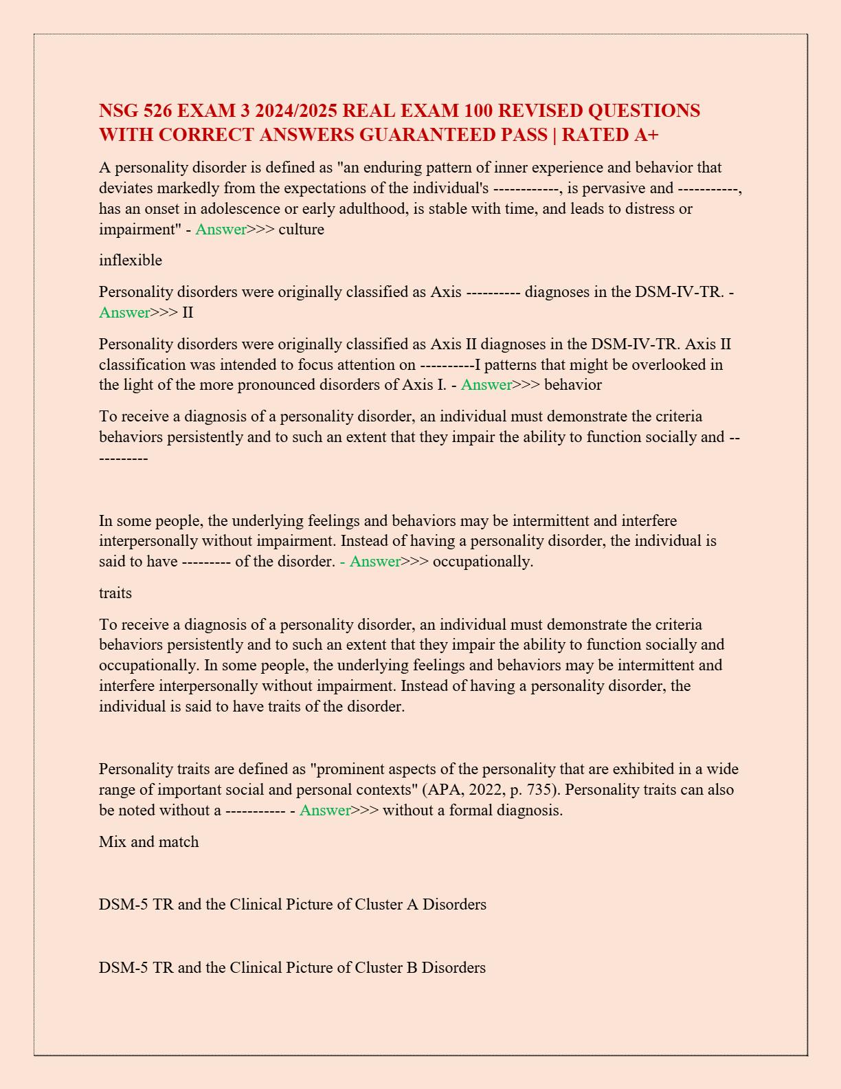 NSG 526 EXAM 3 20242025 REAL EXAM 100 REVISED QUESTIONS WITH CORRECT