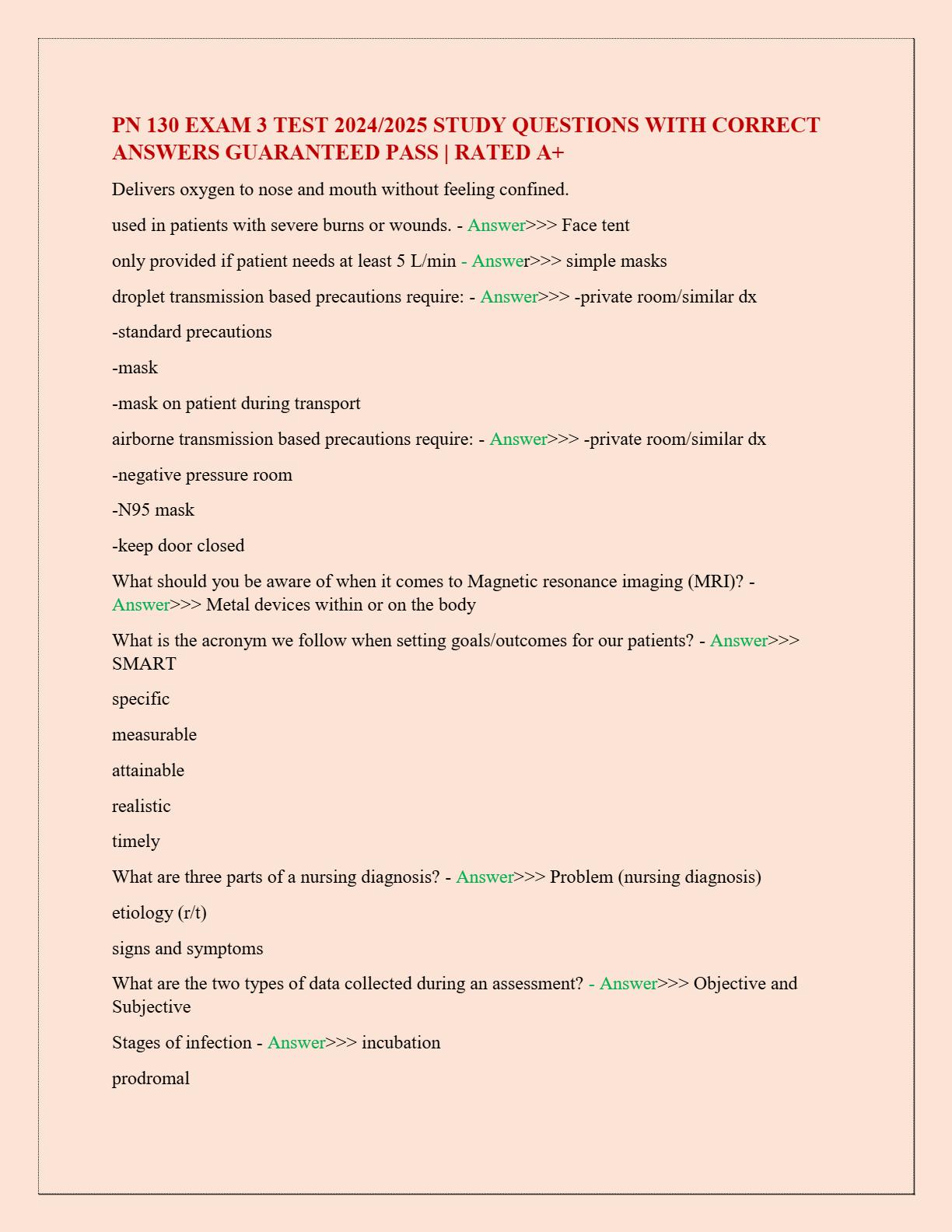 PN 130 EXAM 3 TEST 20242025 STUDY QUESTIONS WITH CORRECT ANSWERS