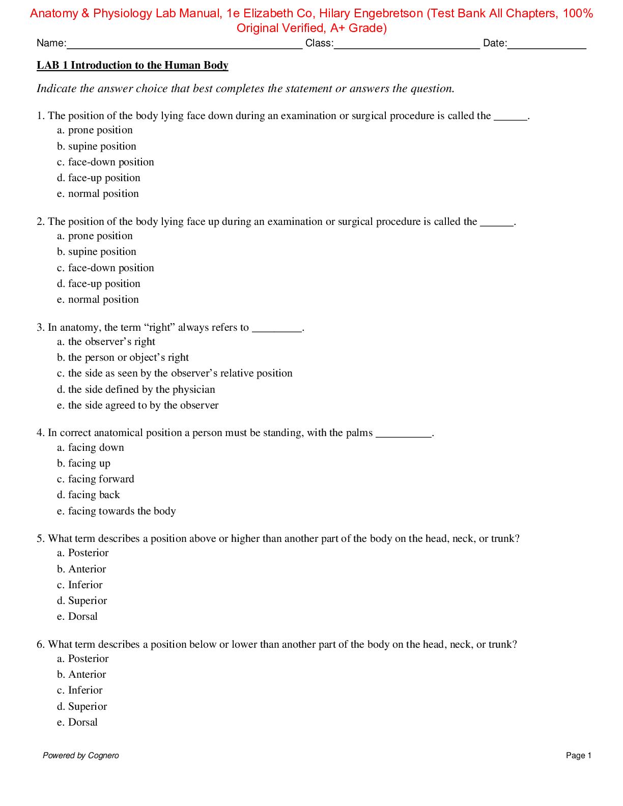 Test Bank for Anatomy & Physiology Lab Manual 1st Edition By Elizabeth ...