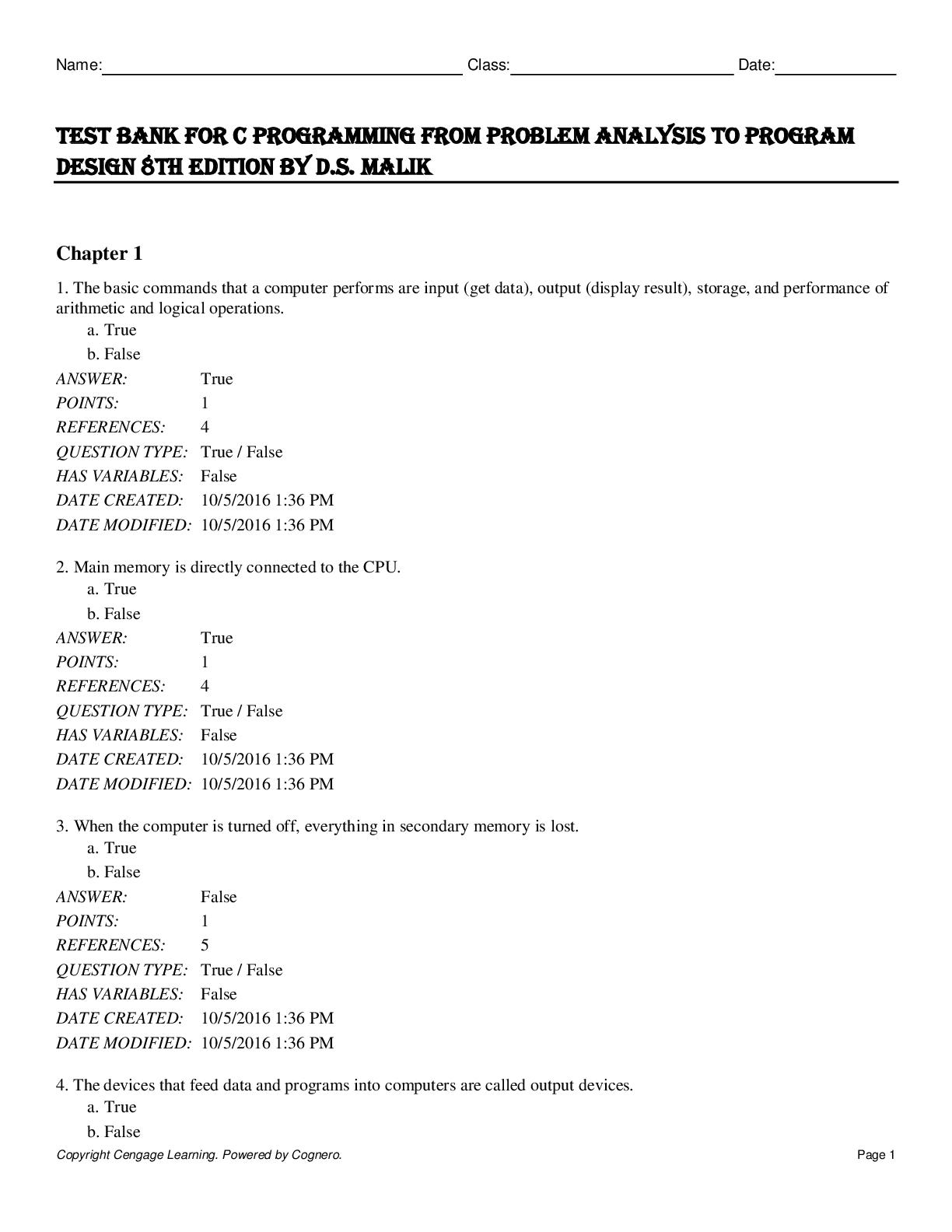 Test Bank For C Programming From Problem Analysis to Program Design 8th ...