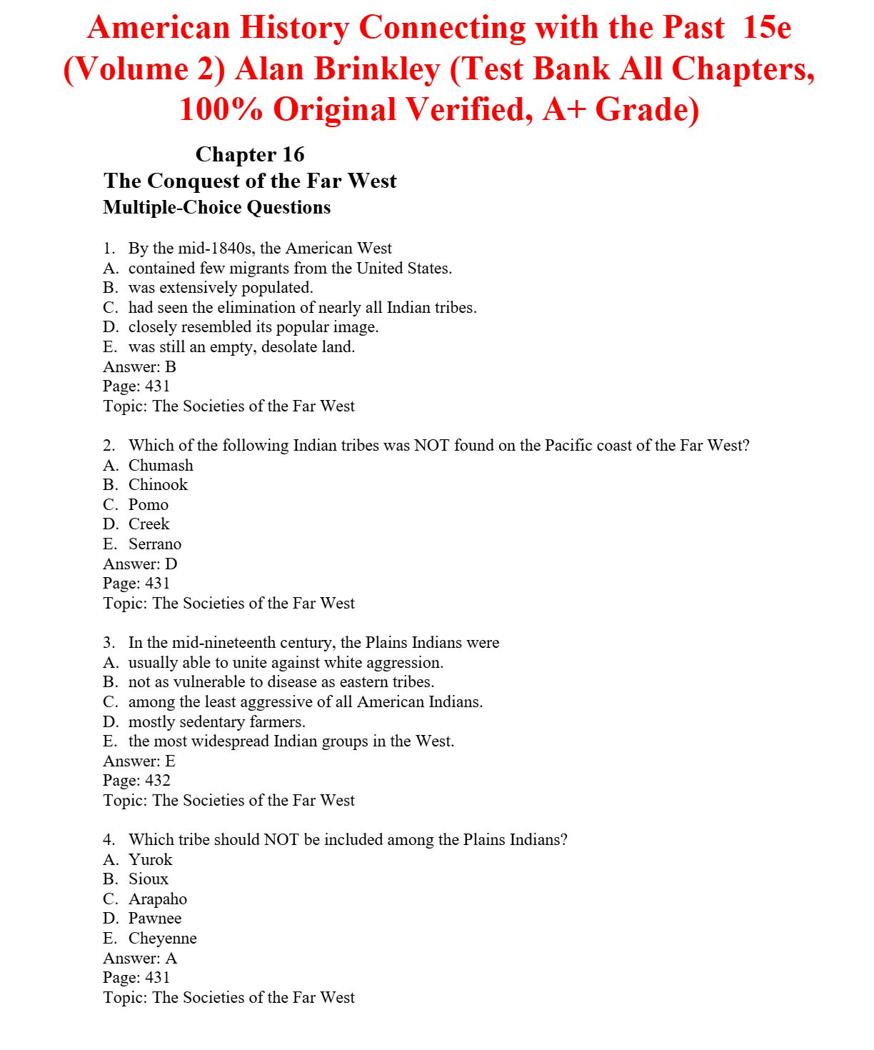 Test Bank For American History Connecting with the Past 15th Edition ...