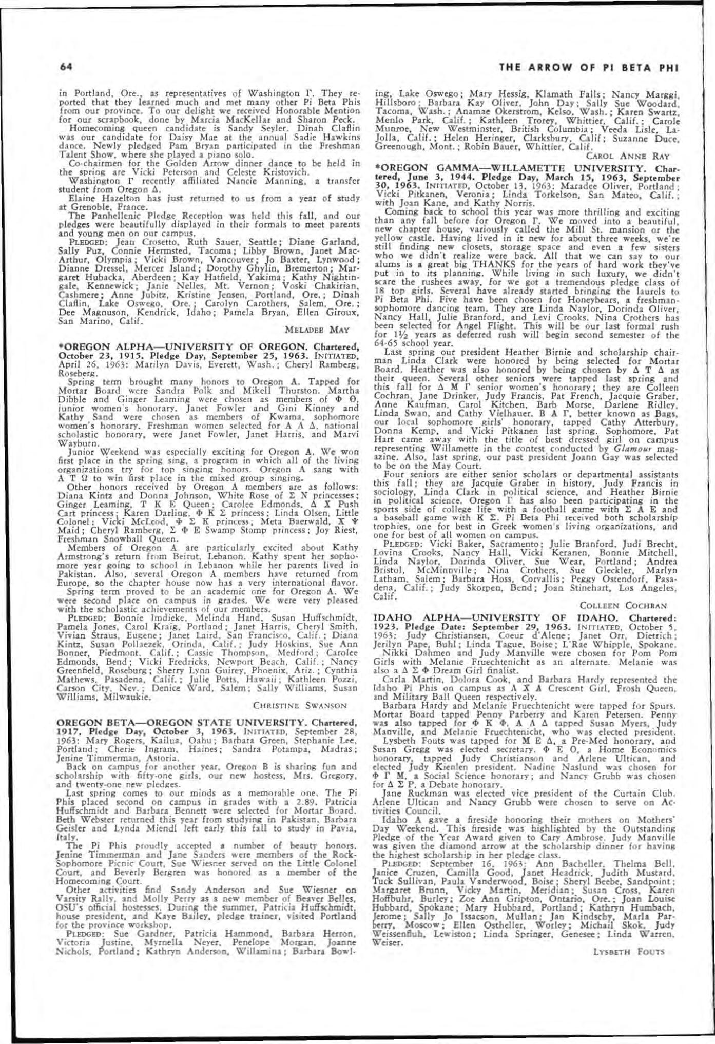 )GED Stpte!Dber "I 1963: Mary Belvail, p.mela T .1Iylor , Spakane: Barb.ra Benfield, Stephanie Vaupell, Tacoma; Kaye Clements, Manson; Patr icia Greiner, Walla W.1Illa ; Ardis H aring, Wenatchee; Lynda! K ei l h, Sandra Scaman , Y akima; Patricia K en· nedy, Portland, Ore.; Cherry Leonard, Se.1lttle; K ay Mead. Selah; Ann Sievers, Christine Smith, Everett: Cindy Smi th. L.n caster; J OY Underwood, Davenport; Caroline Wagner. Ke nt. LYNDA H OfSTAD
WASHINGTON GAMMA-UN I VERS I TY OF PUGET SOUND. Chartend, Sepl e lllber 9. 1948 P1edlle Day, Seplembn 26, 1963. I NITIATED, September 28, 1963: P atnci. Griewe. Ce leste K rlstovich, Tacoma.
Following a very successfu l rush, \'«ashington rand ne pledges celebrated with a dinner on the day of final bids. We were greatly surprised and honored when our new pledges Irealed us with a "Fun Breakfast" the morn ing .fter they received bids. A fter the breakfas t, the actives helped the new pledges to move in with us.
Washington r returned to UPS to find a very pleas.nt change in ou r chapter room. It has been completely red ecora ted, with new furniture in vibrant colots. All of us are excited about the changes made.
Sheri Zabel, president, and MeI.dee Ma y corresponding secre· tary, attended the Pi Beta Phi wo rkshop for two days in Augu st
-WASHINGTON ALPHA-UNIVERS I TY OF WASH I NGTON Chartered. }anu.C)' 5, 190 7. P1edlle D ay, Stptelllber 25, J96 }. I NITIATED October 3, 1963: Cathy Rein. Diane Sp.1lulding. Washinglon A feels that .g.in i t really s ept campus during th is year's rush. To cdmrate and become better .cquain ted wilh the new pledses, the whole chaP te r spent a d.y aboud the Thea Foss cruising around Lake Washington and Puaet Sound. The active chapter plus thirty·two pledg" beautiful day sing· ing, and Thu s we a ll are doubly in debted to the Campbell .3
![